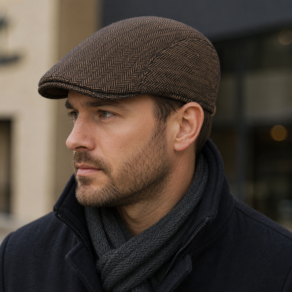 Retro Flat Cap – Adjustable Organic Cotton Duckbill Hat With Herringbone Pattern