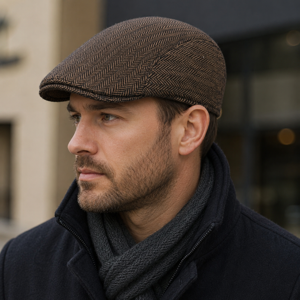 Retro Flat Cap – Adjustable Organic Cotton Duckbill Hat With Herringbone Pattern