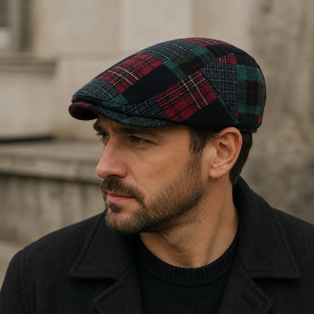 Patchwork Tartan Flat Cap – Organic Cotton Adjustable Classic Style Hat