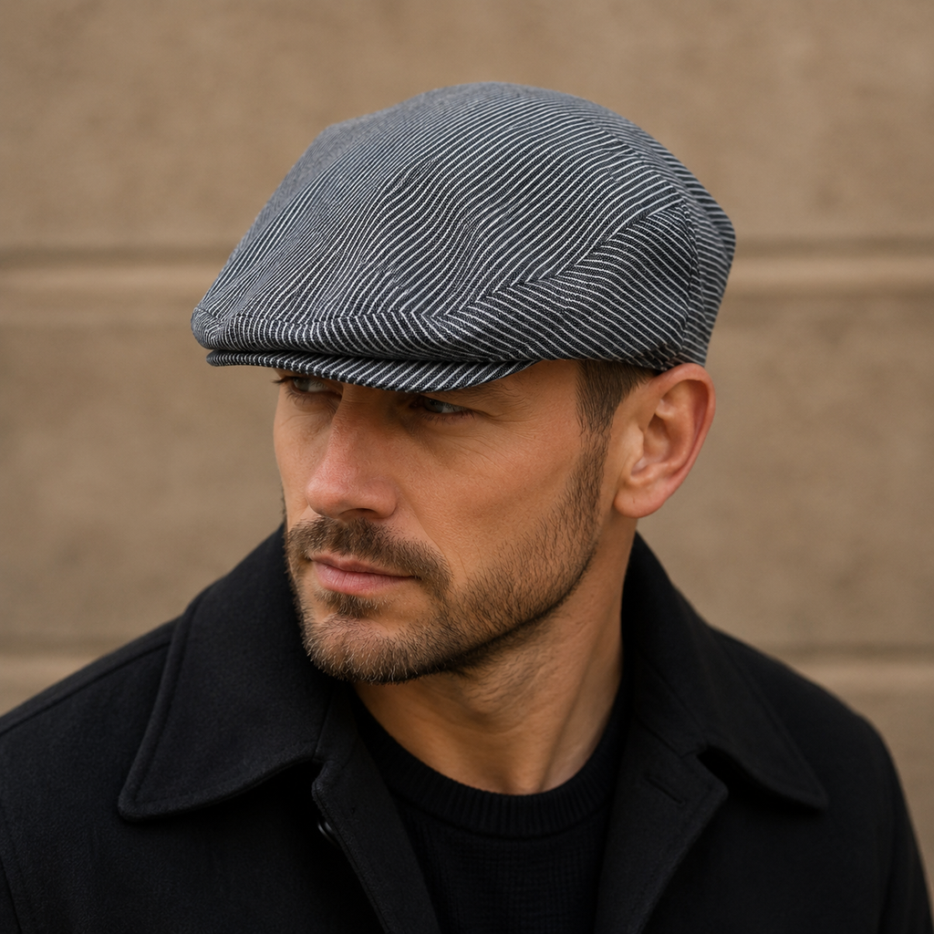 Linen Flat Cap - Adjustable Gray Striped Classic Newsboy Hat for Summer Style