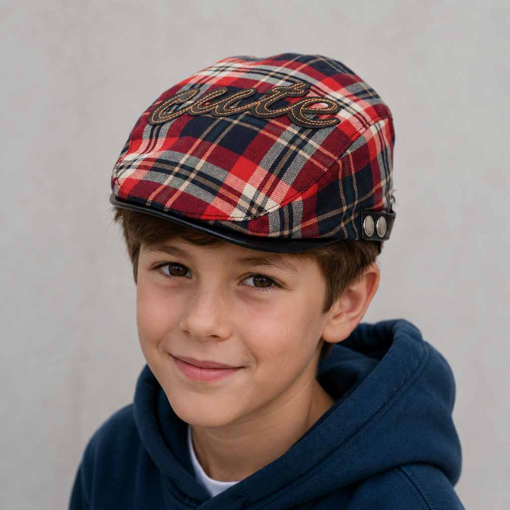 Kids Tartan Flat Cap – Adjustable Cotton Plaid Hat with Embroidered Logo