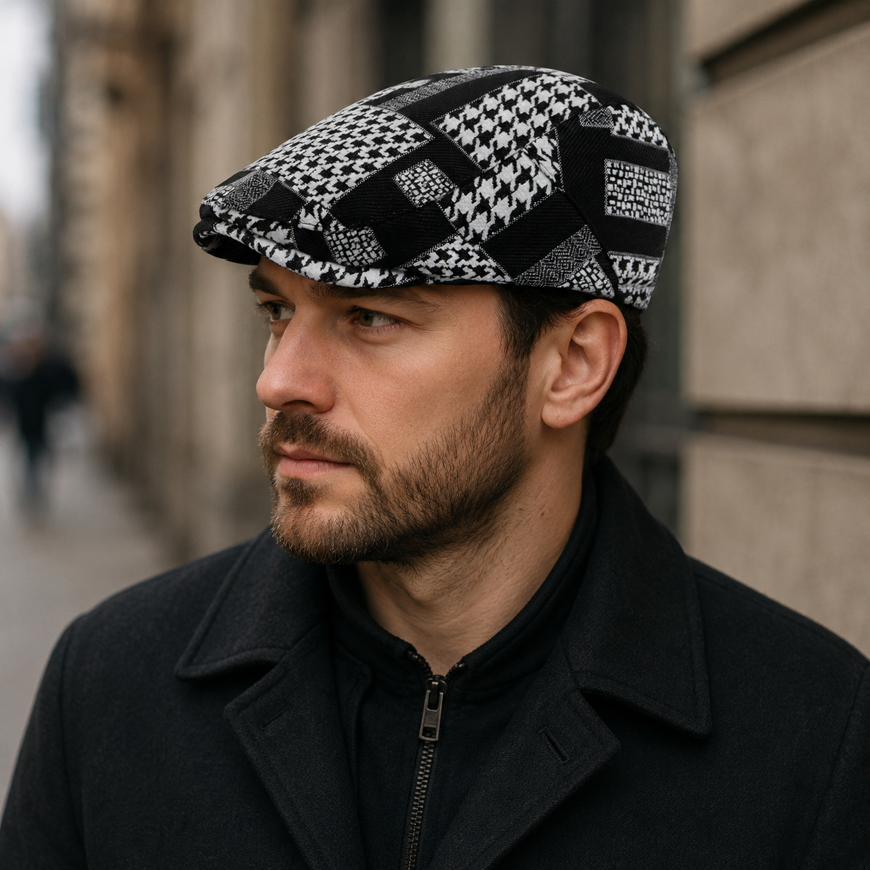 Houndstooth Flat Cap – Adjustable Cotton Acrylic Cap | Classic Unisex Headwear