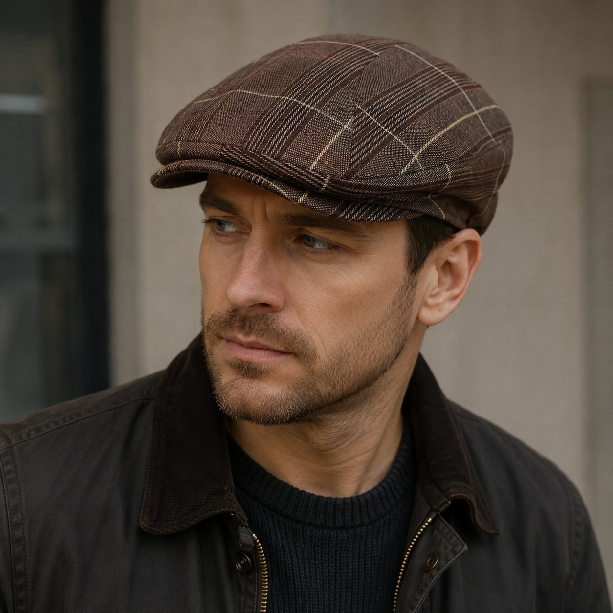 Linen Flat Cap - Brown Tartan Plaid Heritage Hat | Unisex Cotton Sizes 54-62 cm