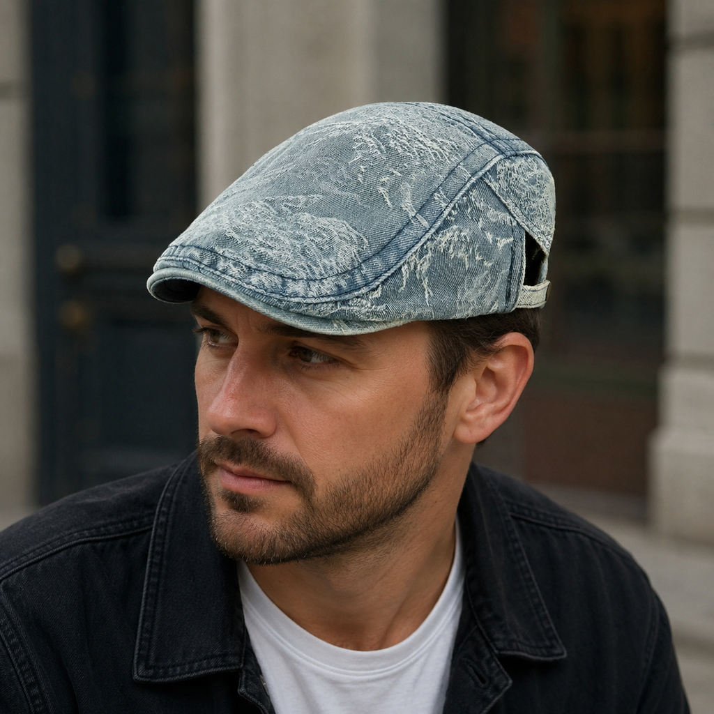 Denim Flat Cap – Adjustable Cotton Hat | Vintage Style Distressed Headwear