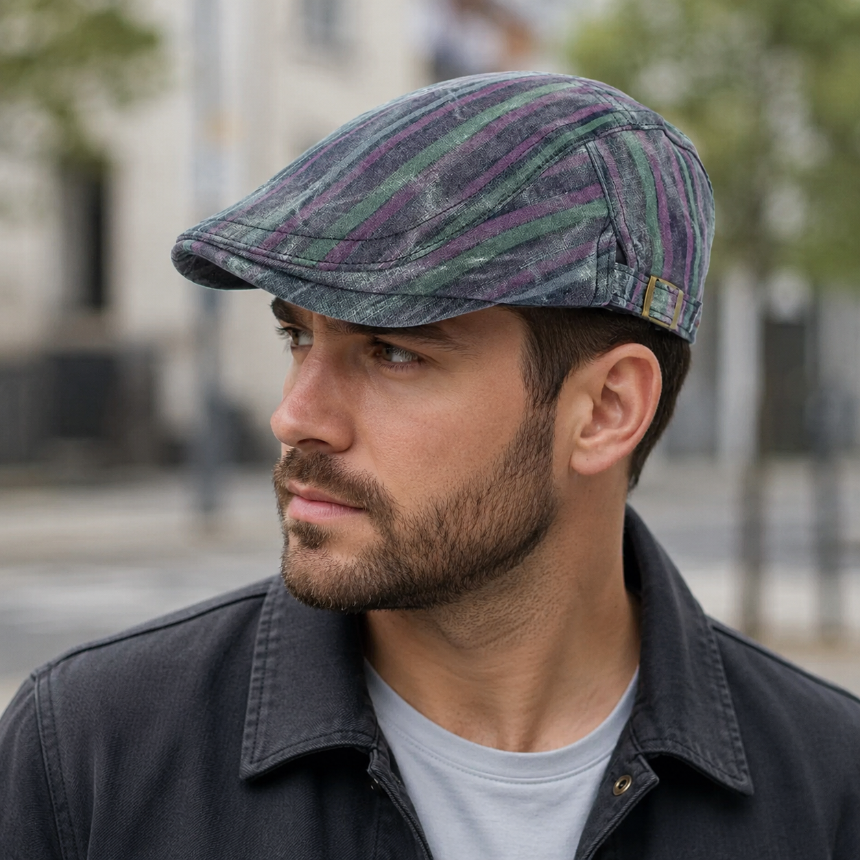 Distressed Striped Flat Cap – Organic Cotton Adjustable Classic Hat With Sweatband