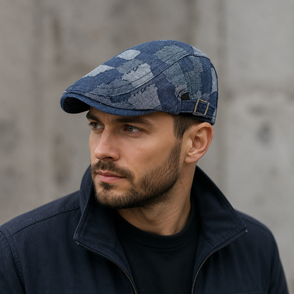 Patchwork Cotton Flat Cap – Adjustable Classic Unisex Hat 55-60cm Size