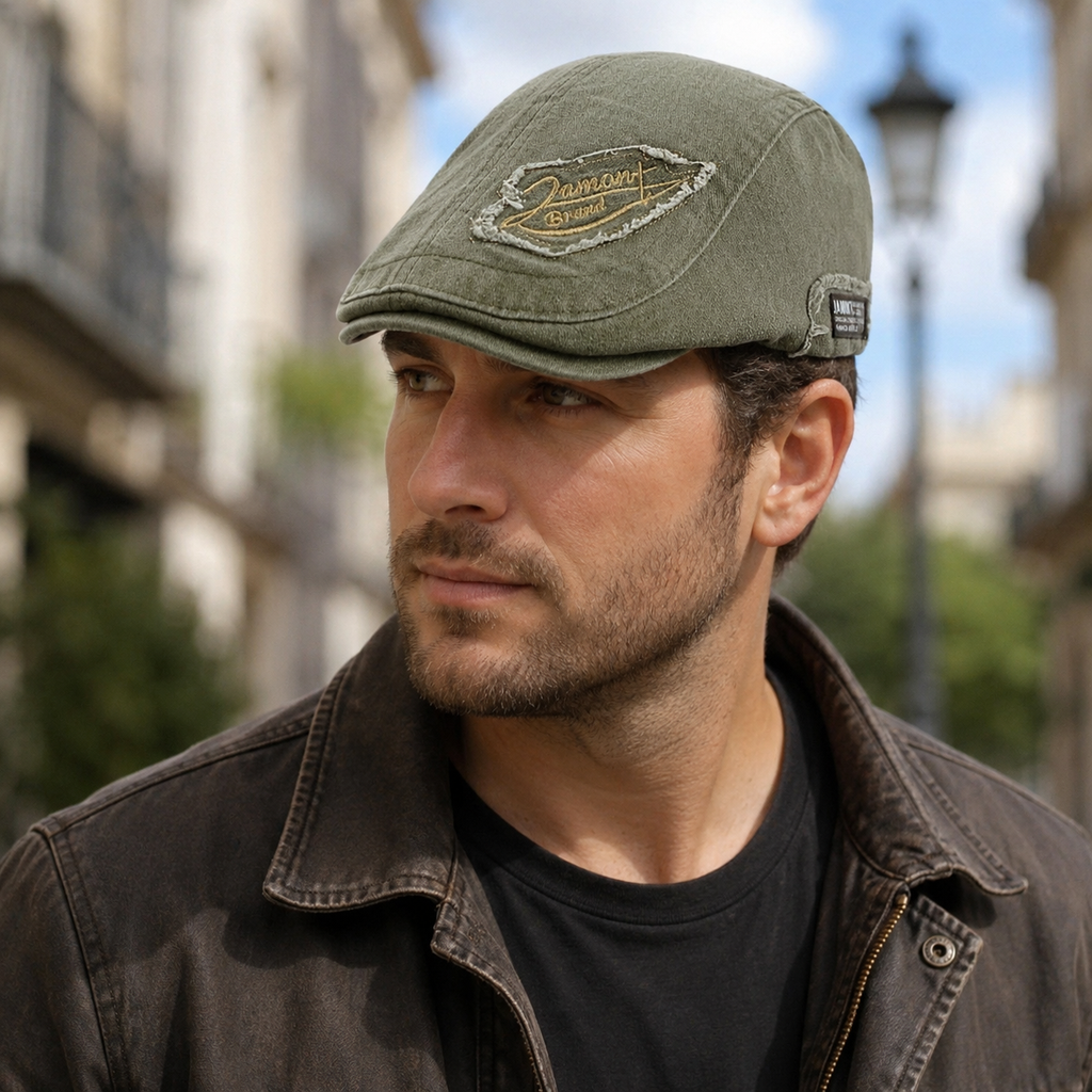 Cotton Flat Cap – Denim Adjustable Flat Cap With Scratched Pattern For Men