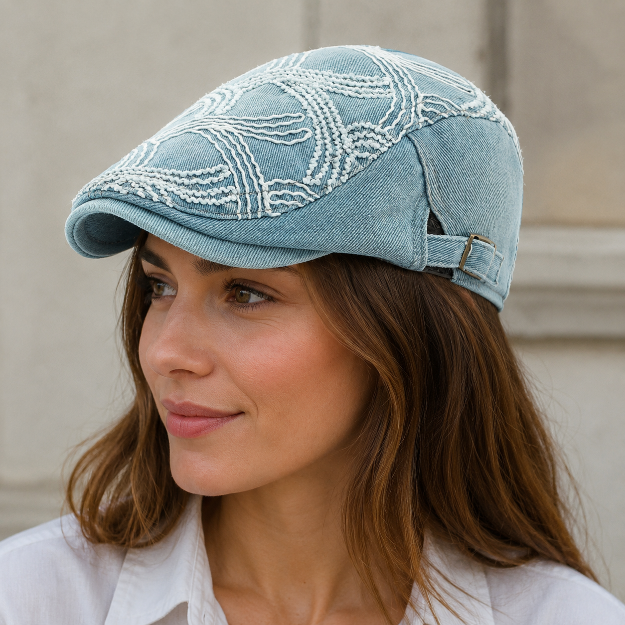 Denim Flat Cap – Adjustable Cotton Hat With Sea Waves Pattern For Summer