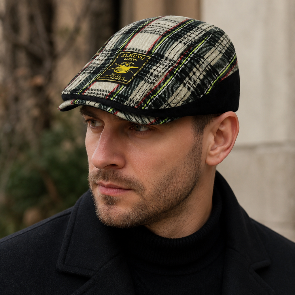 Tartan Flat Cap - Adjustable Cotton Plaid Hat for Men with Embroidered Logo