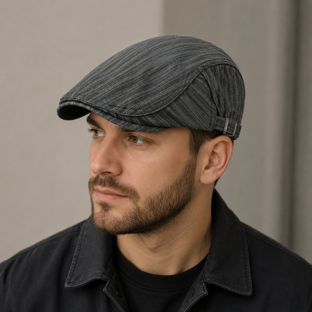 Denim Flat Cap - Adjustable Cotton Striped Classic Flat Cap Accessory