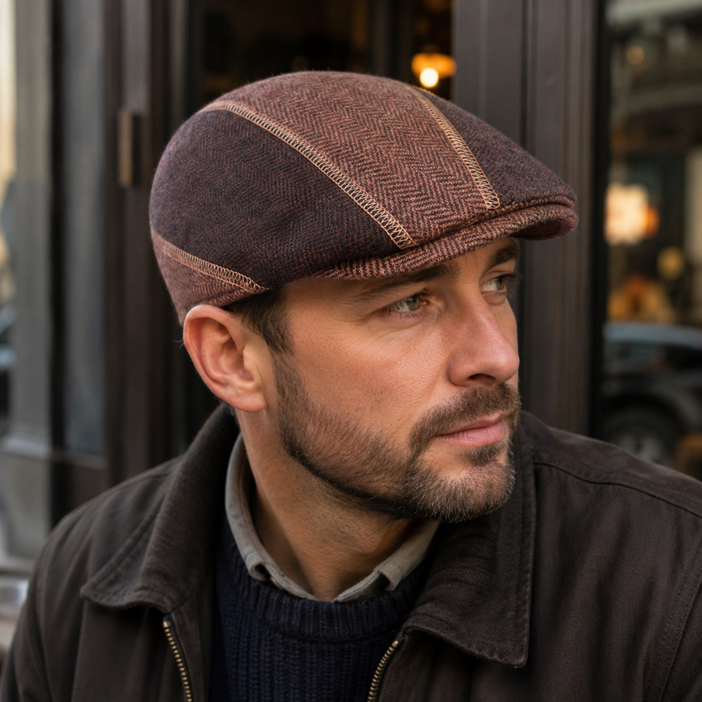 Wool Flat Cap With Folding Earflaps – Classic Herringbone Winter Hat For Men