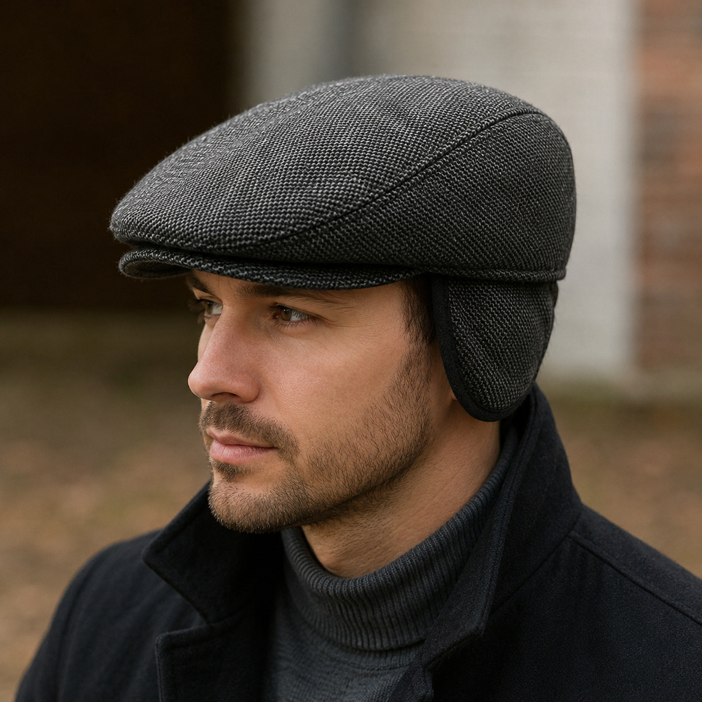 Wool Flat Cap With Folding Earflaps - Classic Unisex Wool Cotton Hat