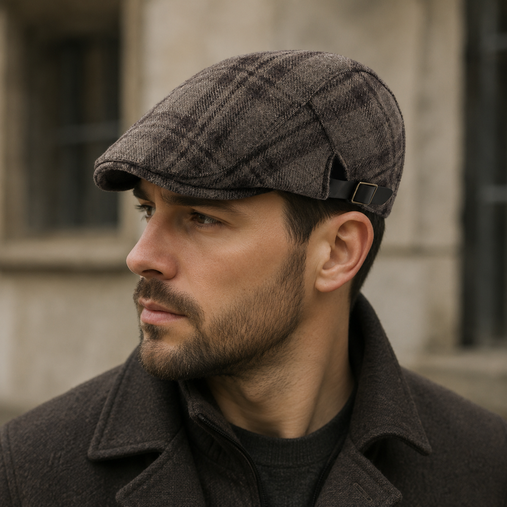 Brown Tartan Flat Cap – Adjustable Wool Headwear | Classic Scottish Style Hat