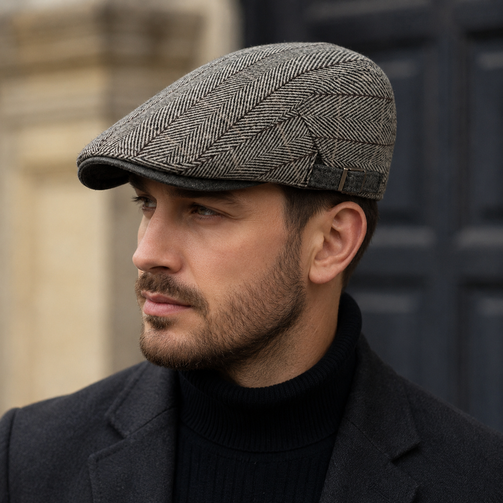 Plaid Flat Cap – Adjustable Cotton Hat With Classic Herringbone Pattern