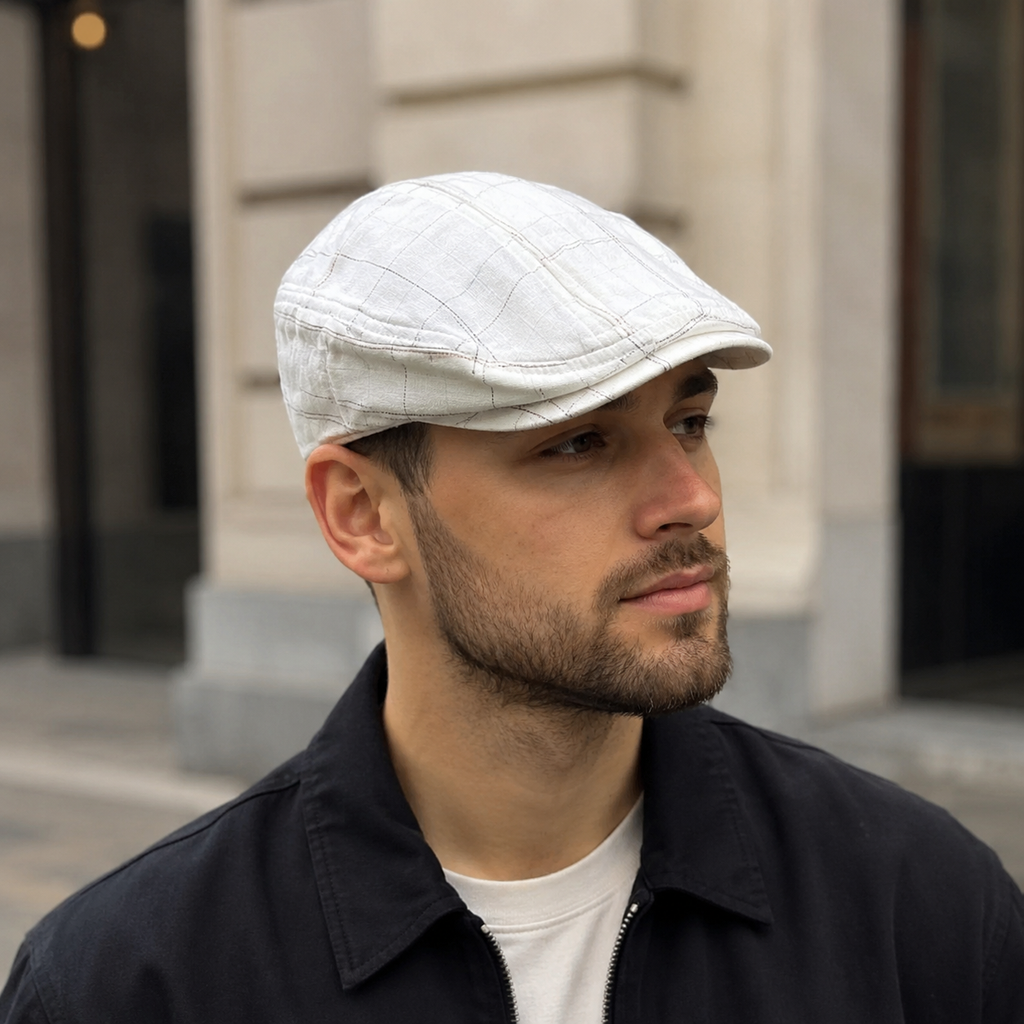 White Plaid Flat Cap - Breathable Cotton Acrylic Blend Summer Hat for Men