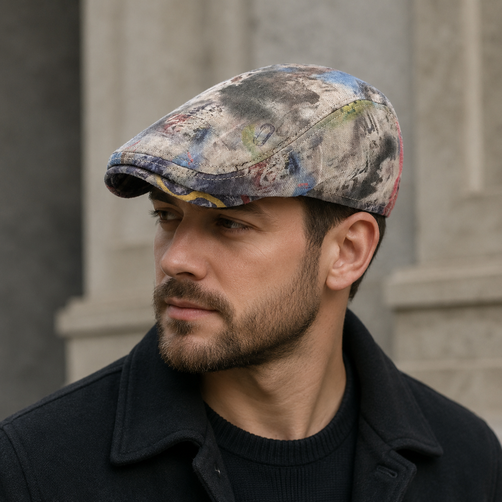 Cotton Flat Cap – Adjustable Plaid Flat Cap With Paint Stain Pattern | Breathable Summer Hat