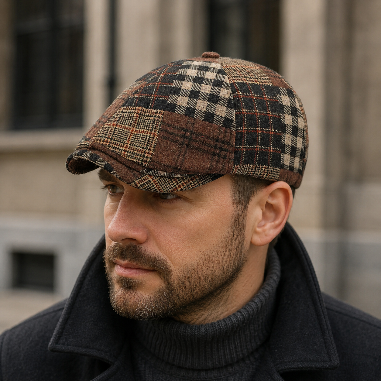 Plaid Patchwork Flat Cap – Adjustable Cotton Acrylic Vintage Style Hat