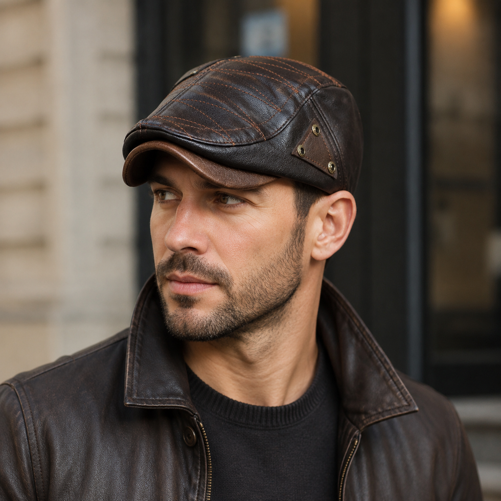 Leather Flat Cap – Adjustable Duckbill Cap With Embroidered Details & Soft Lining
