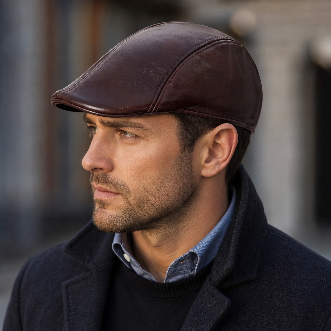 Retro Leather Flat Cap – Adjustable Vegan Leather Cap 21.7-24 Inch Unisex Hat
