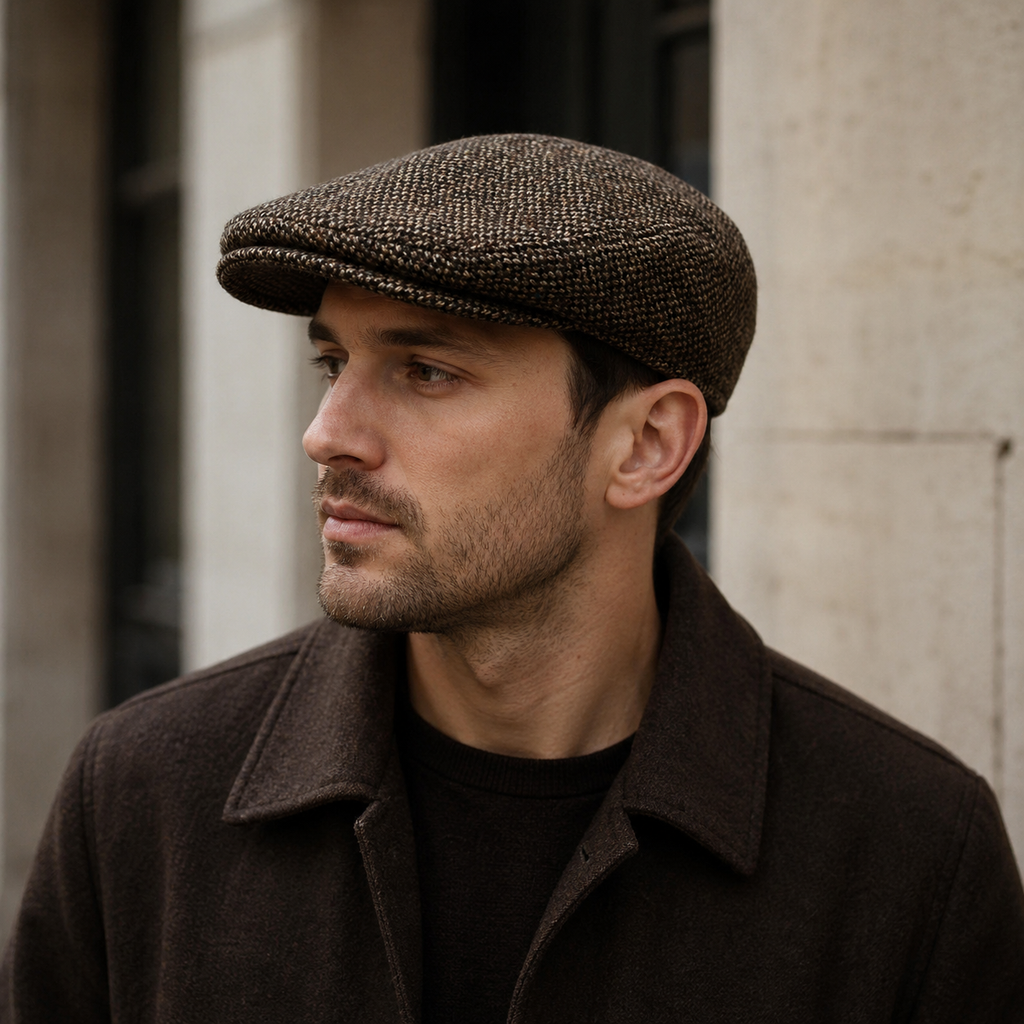 Wool Flat Cap - Adjustable Brown Dot Pattern Classic Hatloom Hat for Men