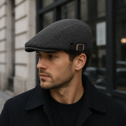 Black Flat Cap - Classic Herringbone Cotton Adjustable Winter Hat For Men