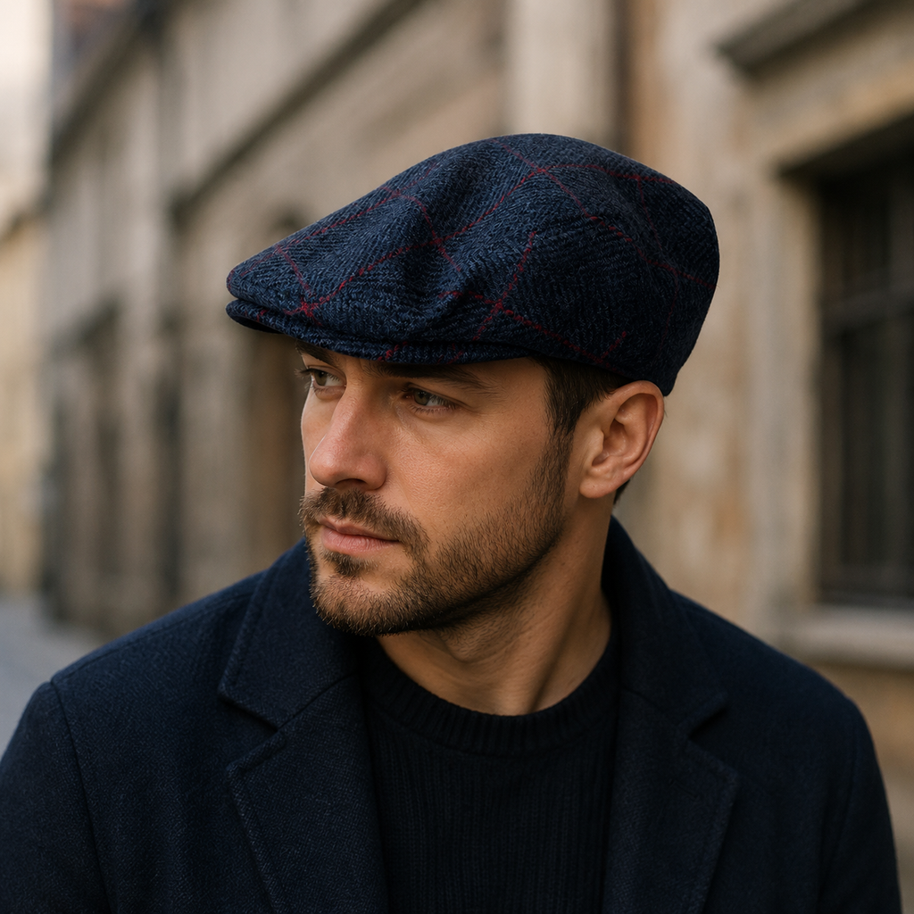 Wool Flat Cap - Adjustable Blue Plaid Classic Style Hat With Herringbone Pattern