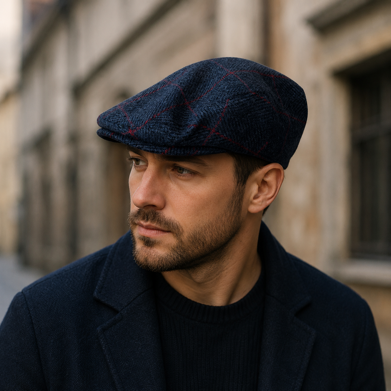 Wool Flat Cap - Adjustable Blue Plaid Classic Style Hat With Herringbone Pattern
