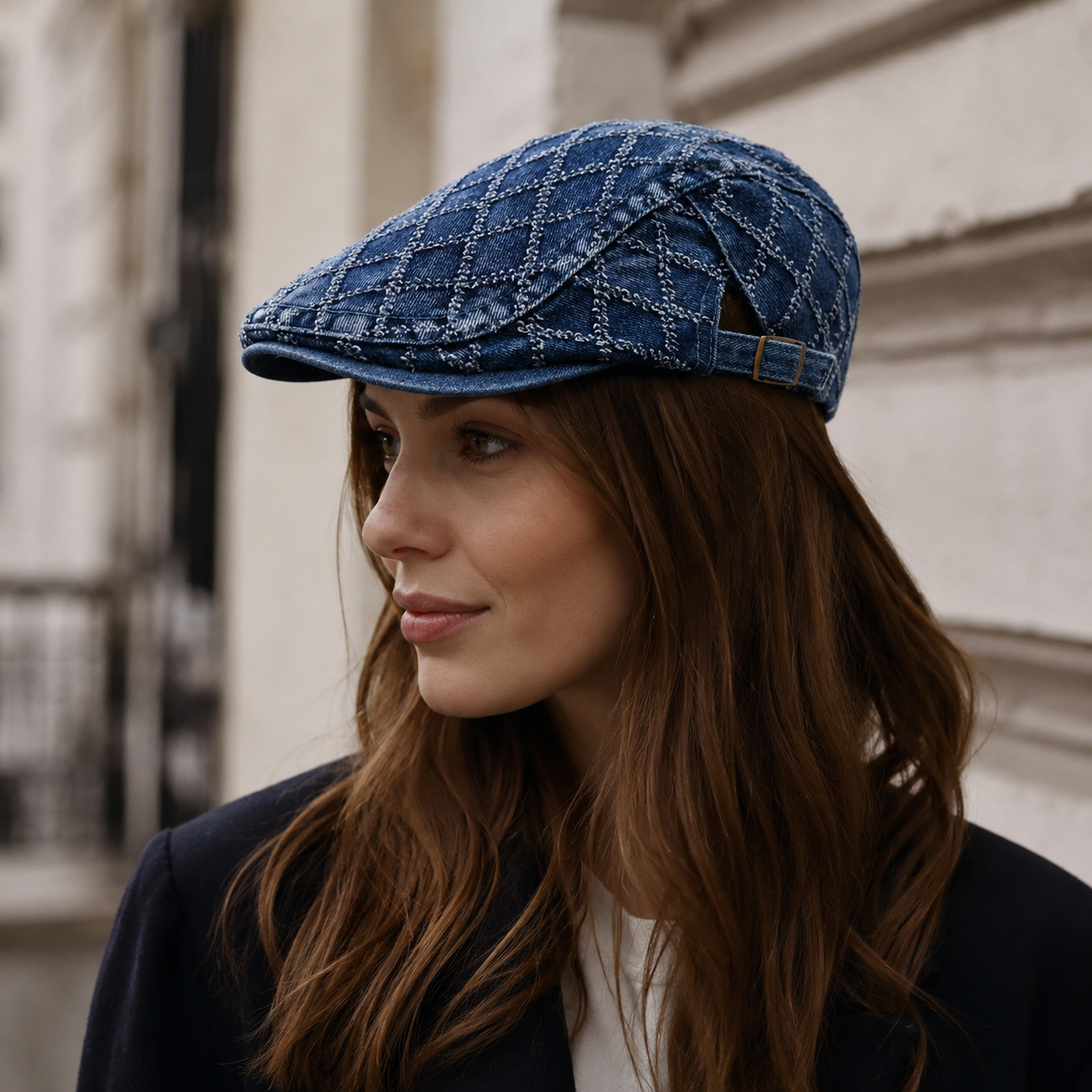 Denim Flat Cap – Adjustable Cotton Rhombus Pattern Hat for Men & Women