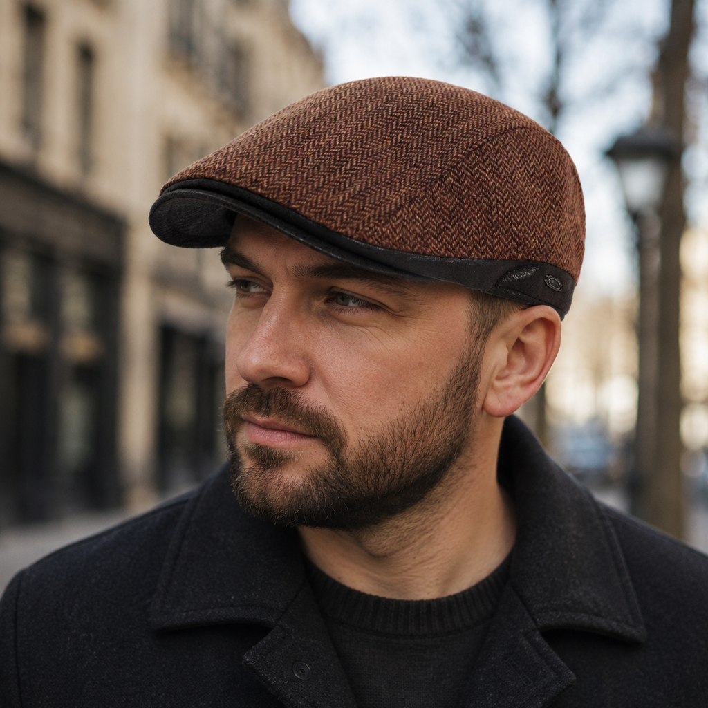 Wool Herringbone Flat Cap – Adjustable Classic Vintage Men's Winter Hat