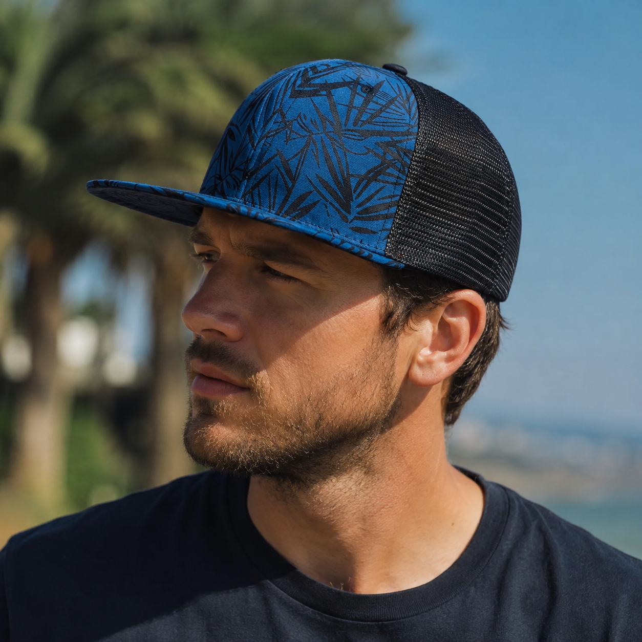 Blue Trucker Cap - Adjustable Snapback Hat with Bamboo Leaves Pattern