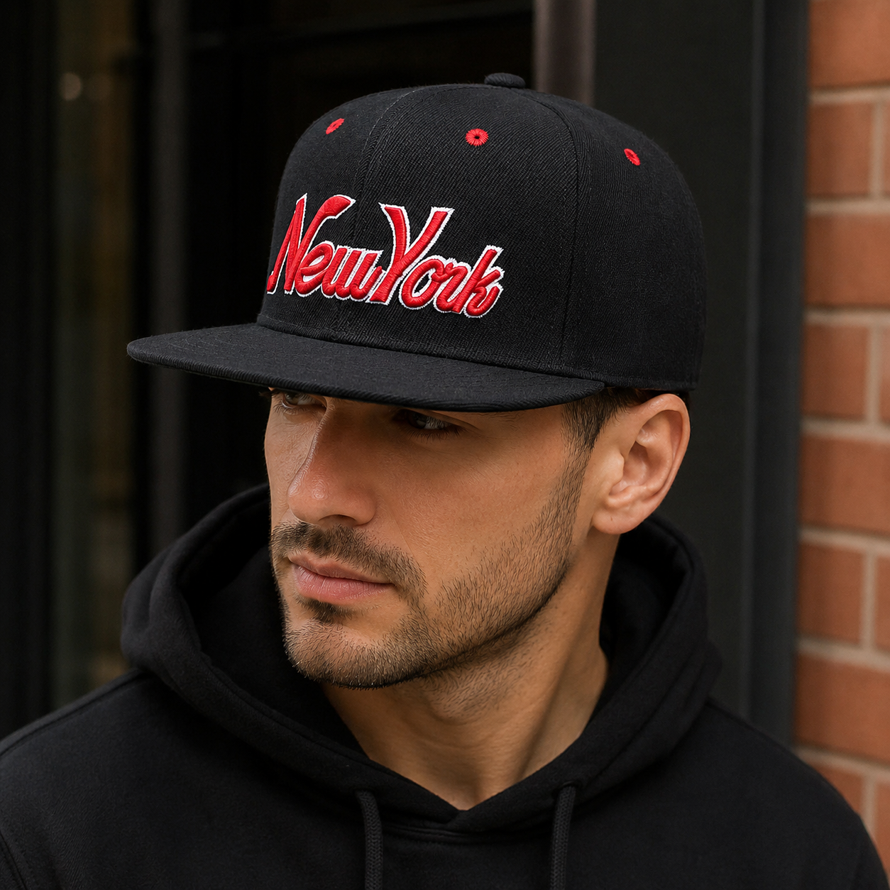 Black Red Snapback Adjustable Cotton Baseball Cap With Embroidered Logo