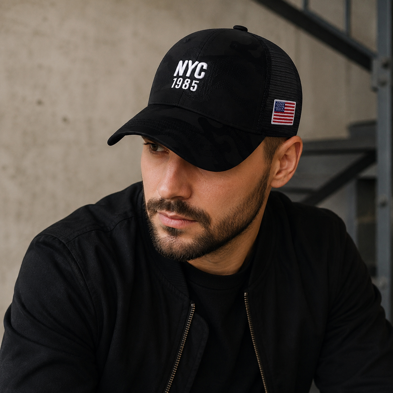 Black Camouflage Trucker Cap – Adjustable NYC Truckers Hat With Embroidered Details