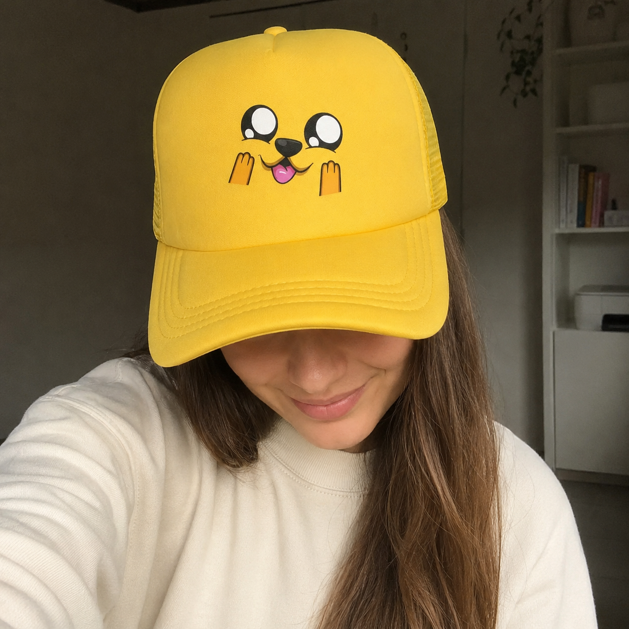 Face Trucker Cap - Adjustable Cotton Mesh Hat With Printed Animated Design