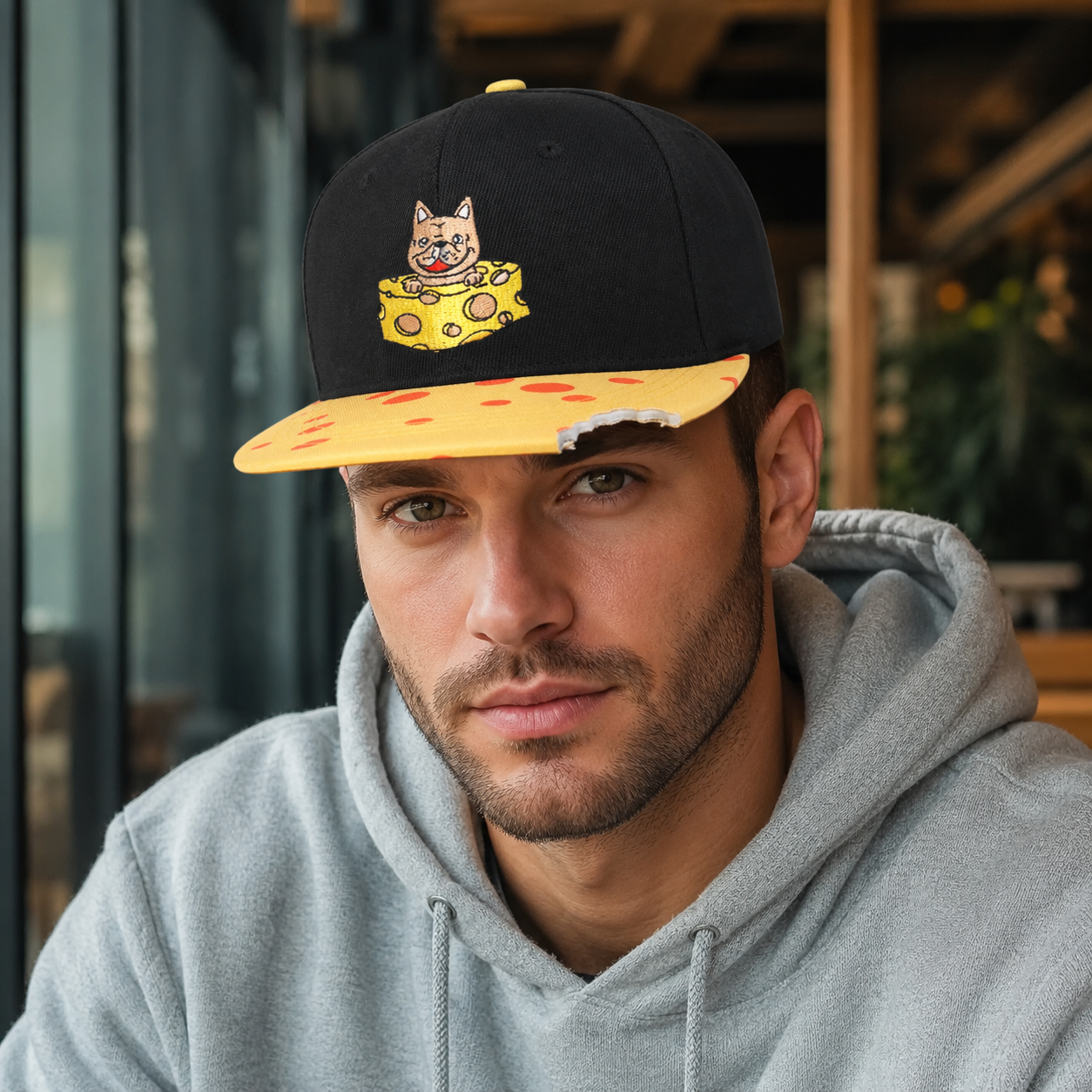 Cheesy Bulldog Snapback Adjustable Hat – Embroidered Acrylic Bitten Visor Cap