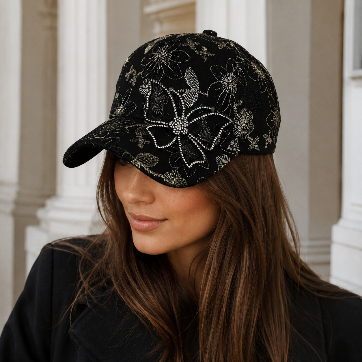 Butterfly Rhinestones Cap - Adjustable Cotton Acrylic Baseball Hat With Embroidered Details