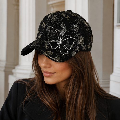 Butterfly Rhinestones Cap - Adjustable Cotton Acrylic Baseball Hat With Embroidered Details