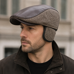 Herringbone Flat Cap – Leather Earflap Hat With Classic Cotton Pattern