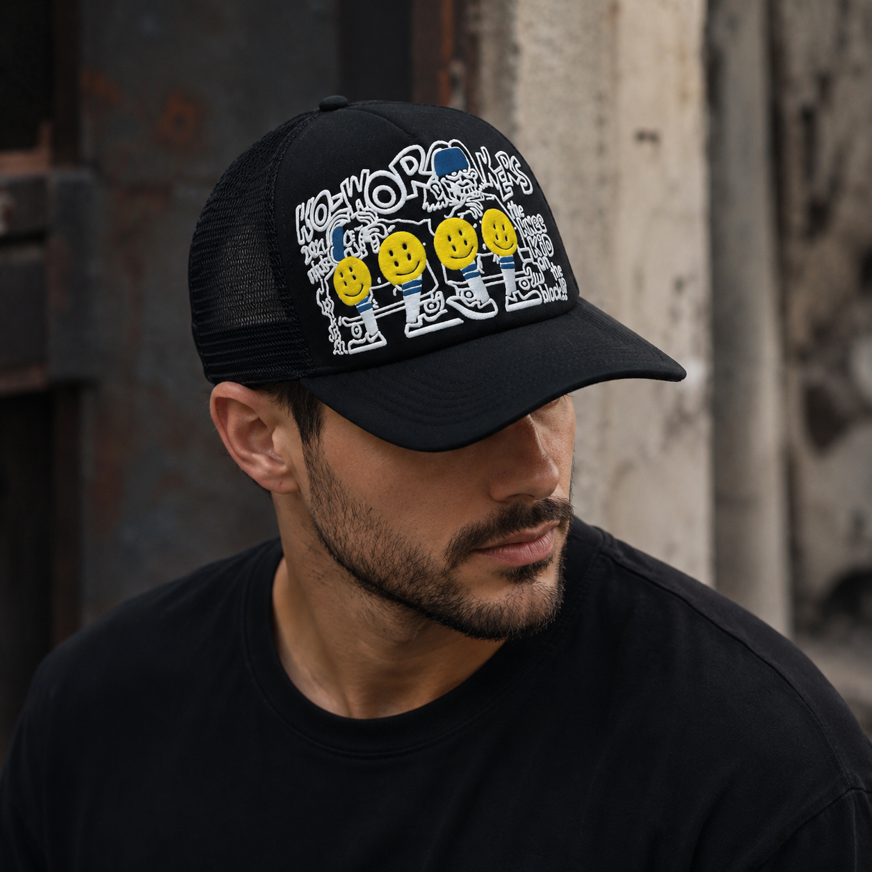 Emoji Snapback Cap – Adjustable Cotton Mesh Hat With Embroidered Details
