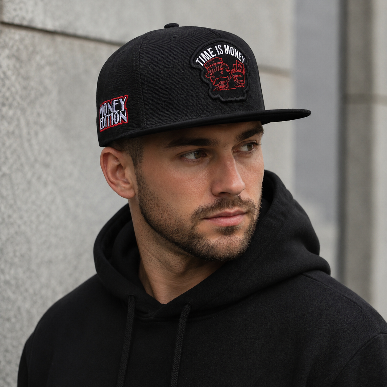 Black Snapback Cap – Adjustable Cotton Acrylic Embroidered Time Is Money Hat