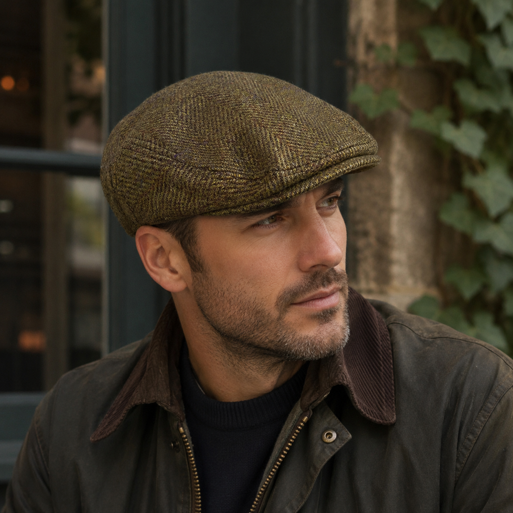 Wool Flat Cap – Adjustable Brown Striped Herringbone Pattern Classic Irish Hat