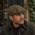 Wool Flat Cap – Adjustable Brown Striped Herringbone Pattern Classic Irish Hat