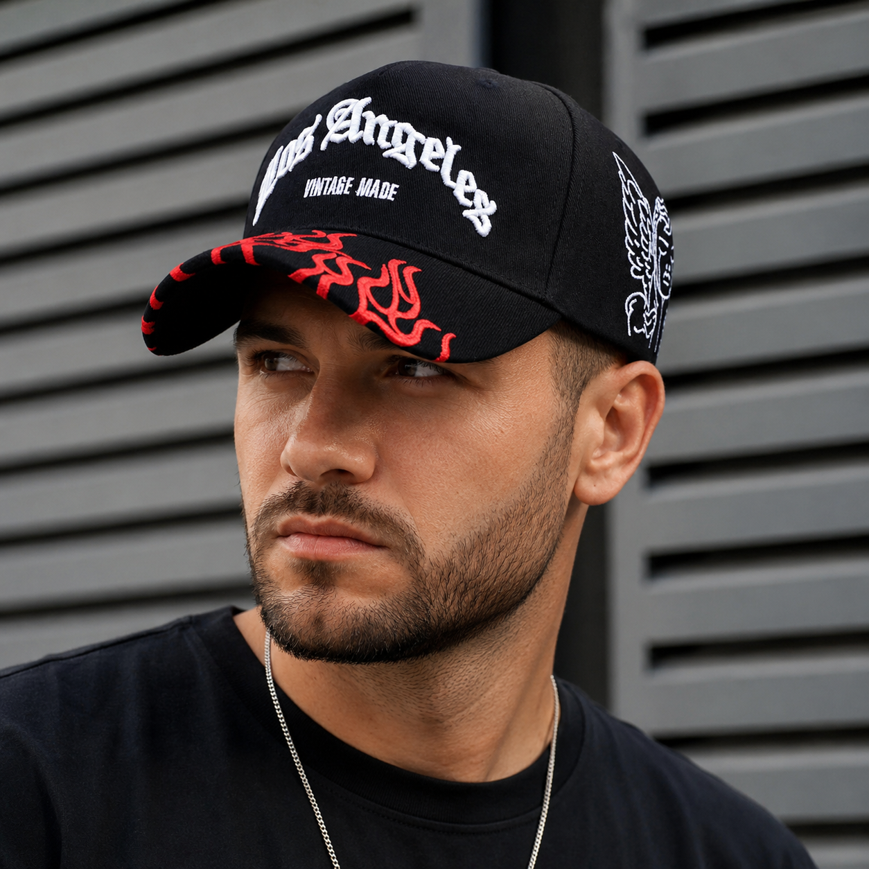 Black Baseball Cap - Adjustable Cotton Acrylic Blend Flaming Visor Hat Los Angeles