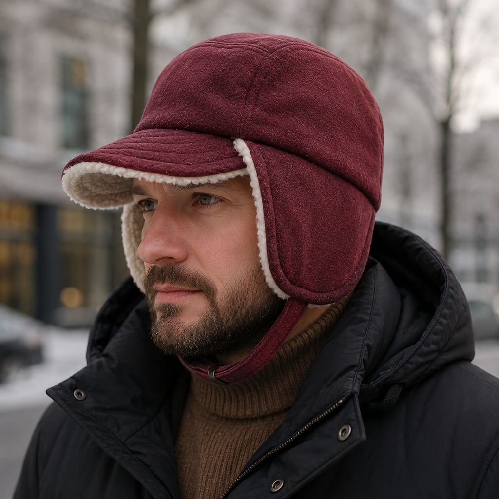 Wool Fur Earflap Cap – Adjustable 5-Panel Baseball Style Hat For Winter Warmth