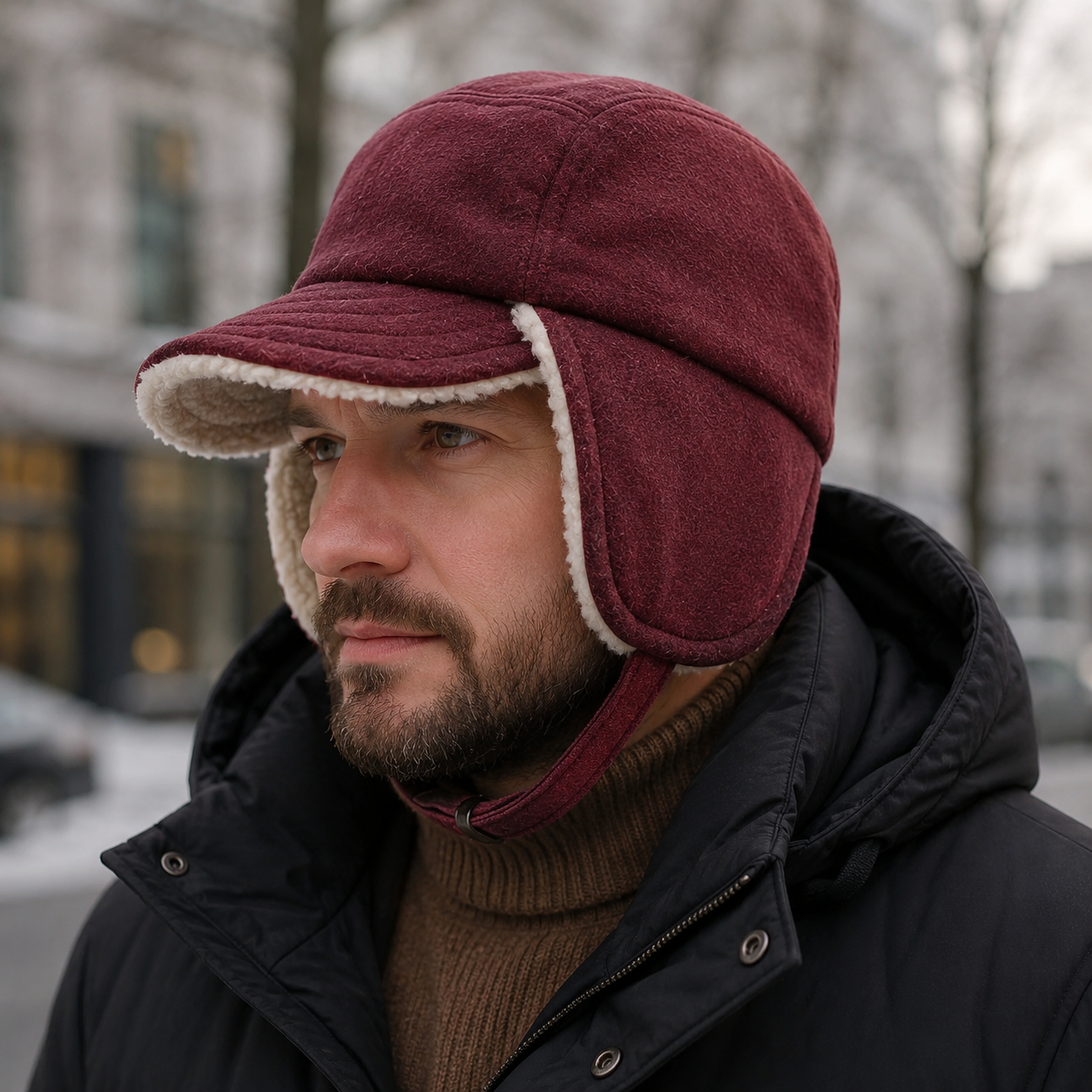Wool Fur Earflap Cap – Adjustable 5-Panel Baseball Style Hat For Winter Warmth