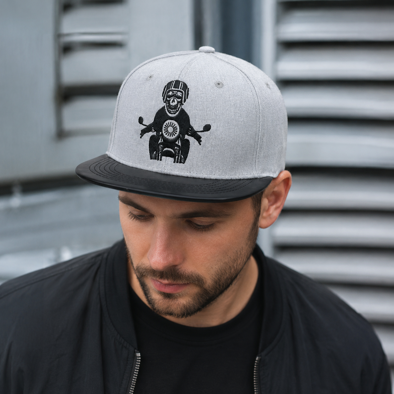 Biker Skull Snapback Gray Cotton Baseball Cap – Adjustable Size Hat for Men