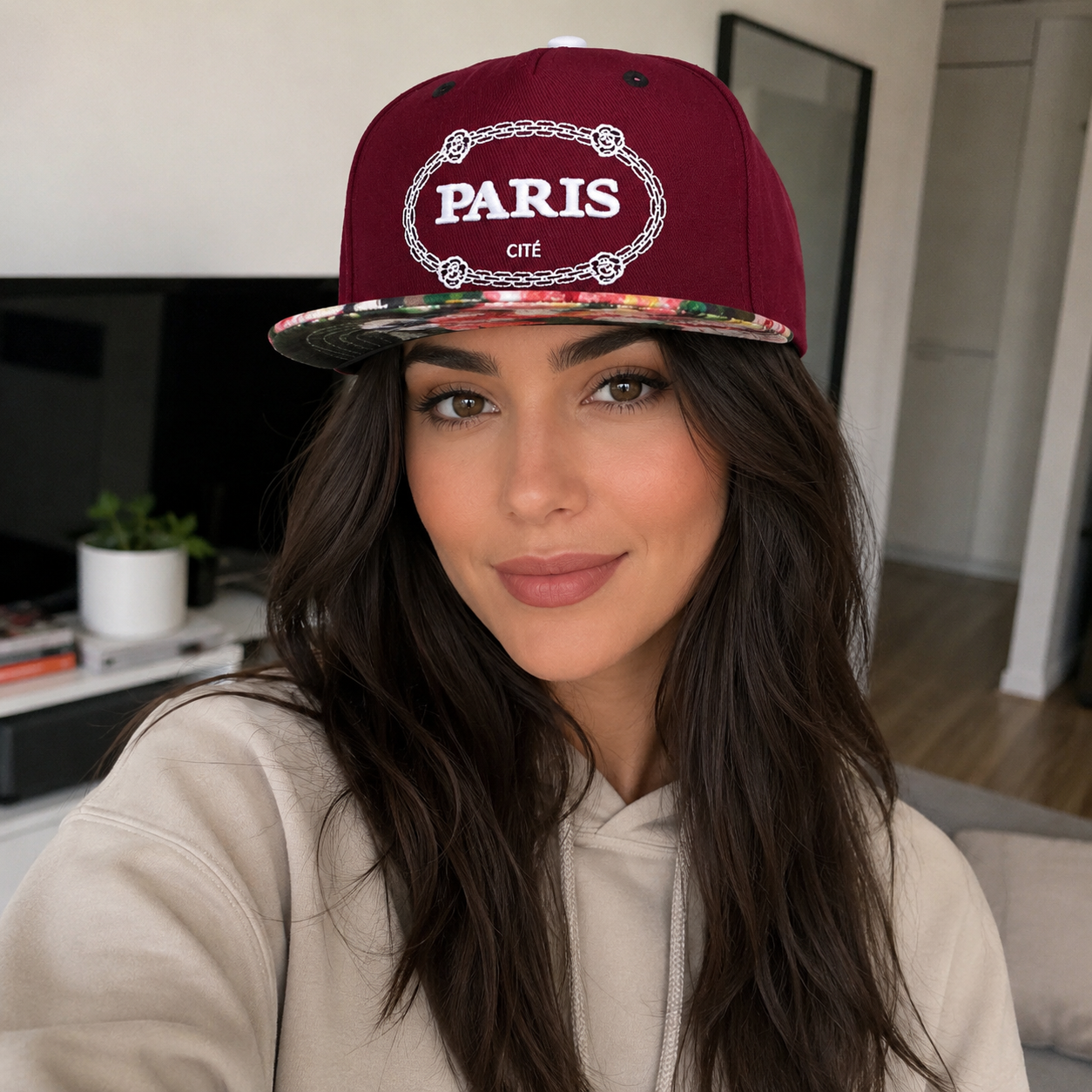 Red Snapback Cap – Adjustable Cotton Baseball Cap With Floral Embroidery Visor