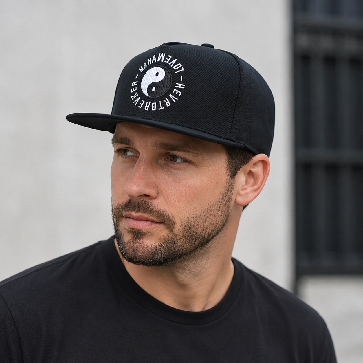 Black Snapback Cap – Adjustable Acrylic Streetwear Hat With Embroidered Yin Yang Design