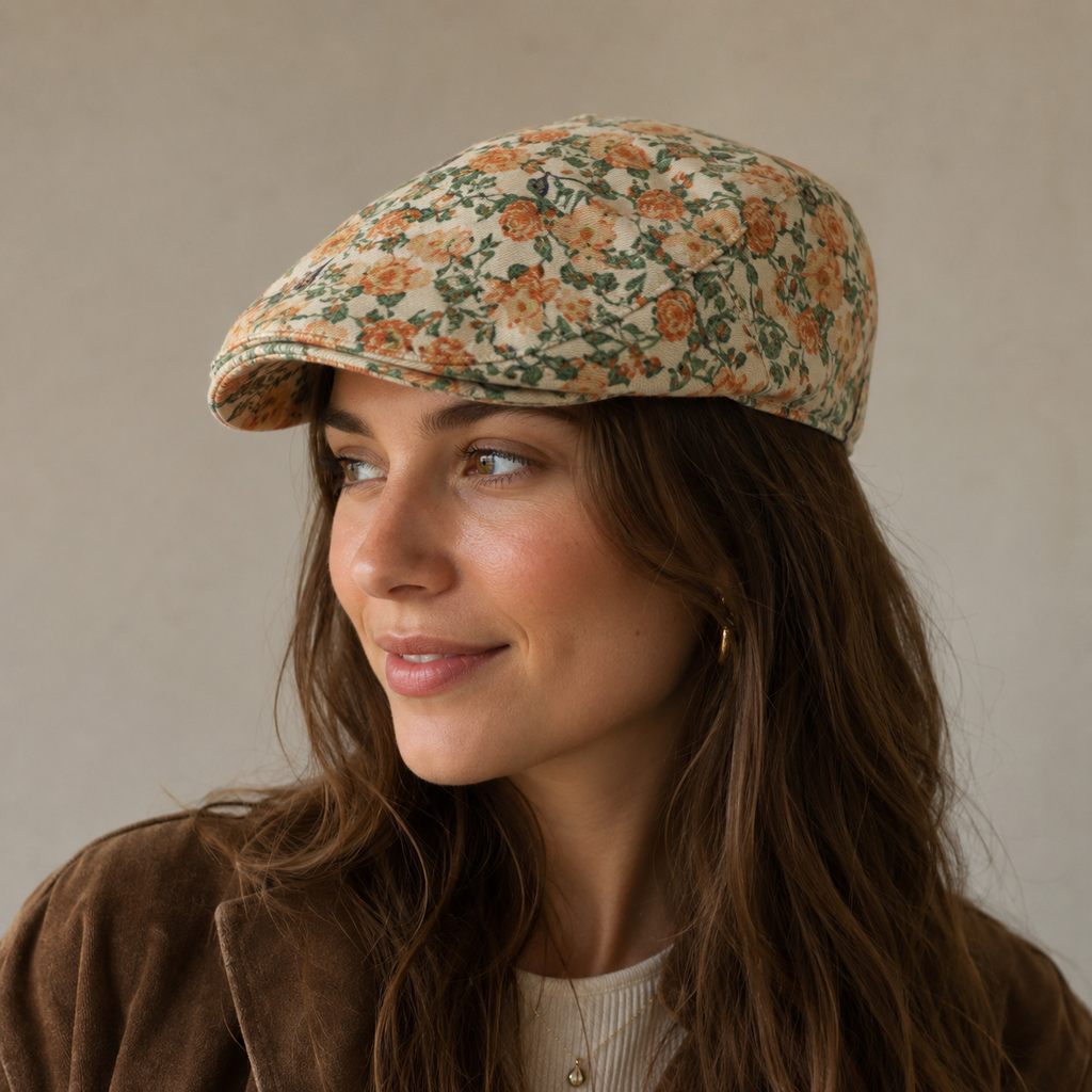 Orange Flat Cap – Adjustable Cotton Daisy Pattern Hat for Men & Women
