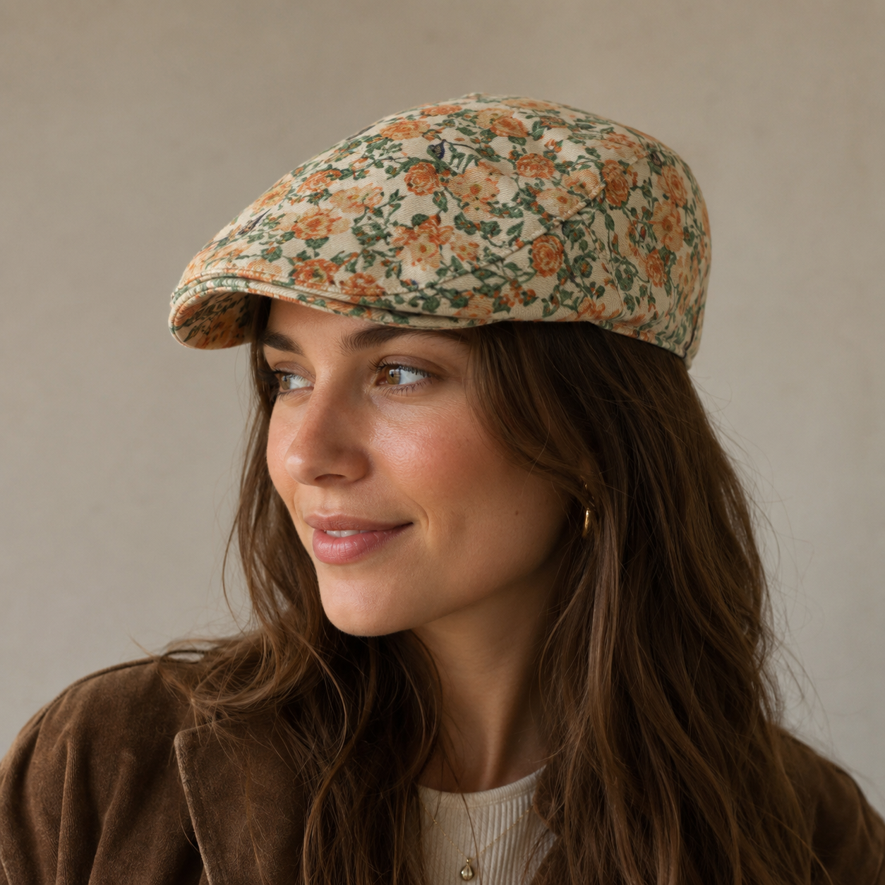 Orange Flat Cap – Adjustable Cotton Daisy Pattern Hat for Men & Women