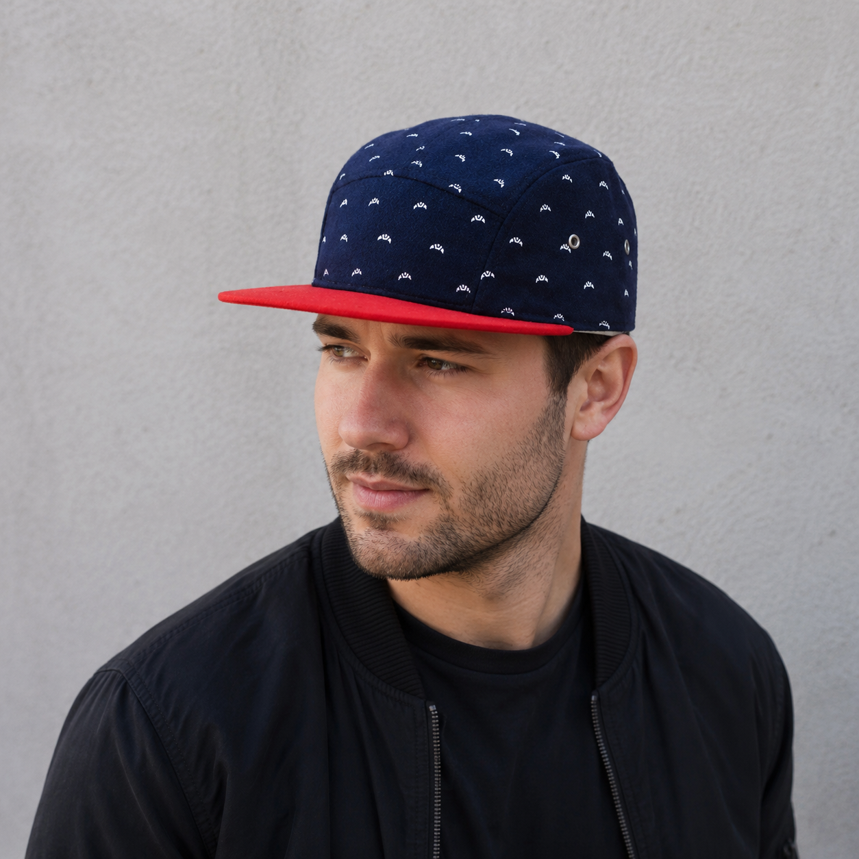 Navy Red Snapback Cap – Adjustable Cotton Croissants Pattern Hat Size 56-60 cm
